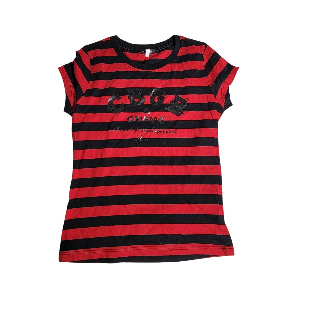 CBGB OMFUG Red Black Striped Graphic Tee Punk Rock Music T-Shirt Small
